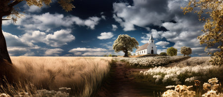 Panoramic view of an old church by a wheat field.の素材