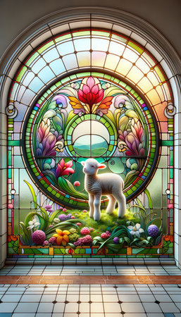 Lamb of God. Illustration in stained glass window with a lamb on a background of flowers.の素材