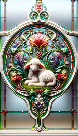 Lamb of God. Stained glass window with a lamb on the background of flowers.の素材