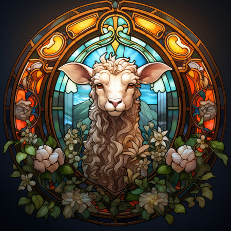 Lamb of God. Illustration in stained glass style with a sheep and flowers on a dark background.の素材
