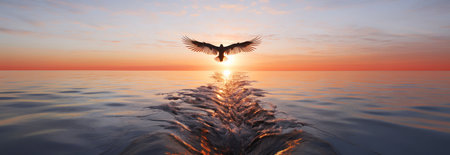 Holy Spirit. Beautiful sunset over the sea with a flying birdの素材