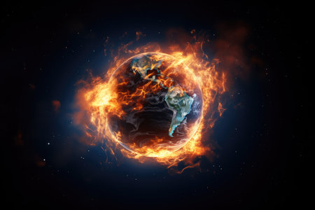 Planet earth burning in fire on a black background. Global warming concept.の素材