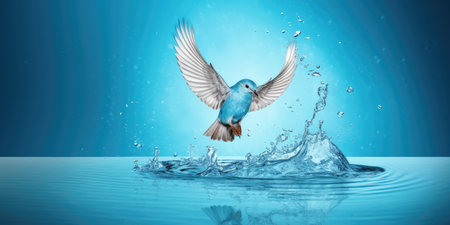 Blue dove with water splash isolated on blue background.の素材