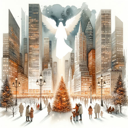 New York City skyline with Christmas tree and angel in the square. Digital painting.の素材