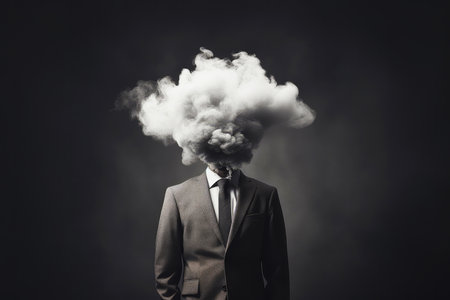 Businessman with cloud instead of head, smoke coming out of his head.の素材