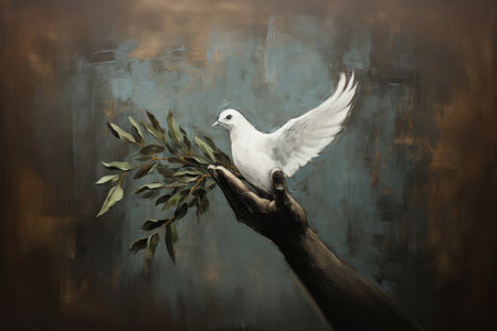 White dove with olive branch on a man's hand on a dark backgroundの素材