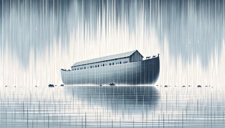 Noah's Ark amidst the pouring rain during the flood.の素材