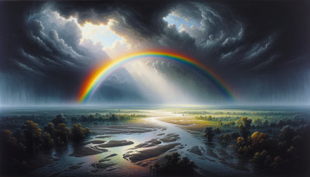 The rainbow after the flood, God's covenant. Landscape with a rainbow in the dark sky after the storm. Digital painting.の素材