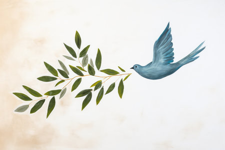 Branch of olive tree with blue dove on grunge paper backgroundの素材