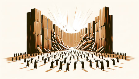 The Battle of Jericho. The walls of Jericho collapsing as the Israelites marched around them. Vector illustrationの素材