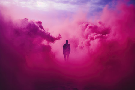 Silhouette of man in a pink cloud of smoke. Foggy scenery.の素材