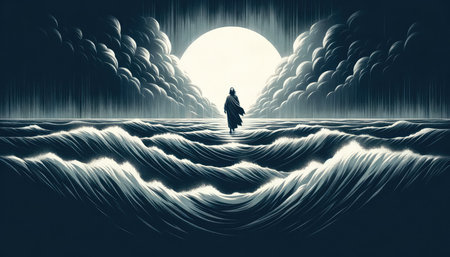 Jesus walking on water during a stormy night, digital illustration.の素材