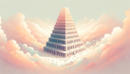 Tower of Babel reaching the clouds. Digital illustration.の素材