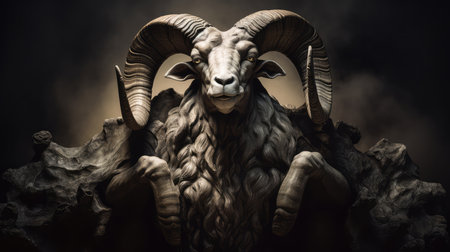 Ancient god. Statue of a ram on a black background.の素材