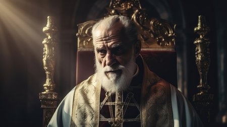 Portrait of an old bishop with a long white beard and mustache in the churchの素材
