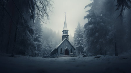 Foggy christian church in winter forest.の素材