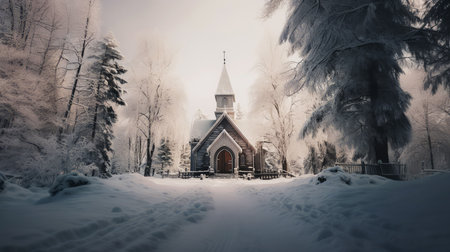 Beautiful winter landscape with a wooden church in the forest.の素材