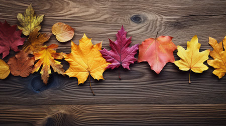 Colorful autumn leaves on wooden background. Top view with copy spaceの素材