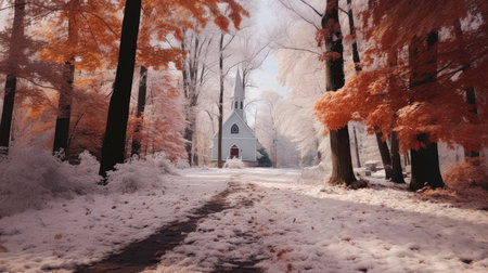 Beautiful winter landscape with a church in the forest.の素材