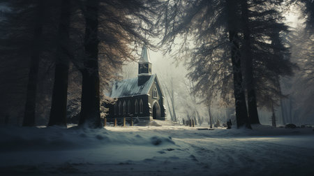 Old wooden church in winter forest with snow and fog.の素材