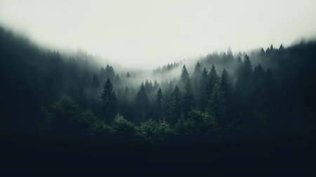 Foggy forest in the mountains. Dark foggy landscape.の素材