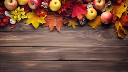 Autumn background with apples and leaves on wooden board. Top view with copy spaceの素材