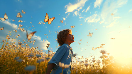 Little boy in a field of dandelions and butterfliesの素材