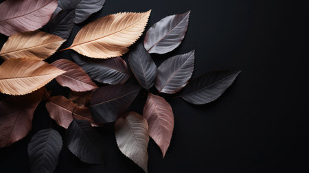 Beautiful leaves on black background, flat lay. Space for textの素材