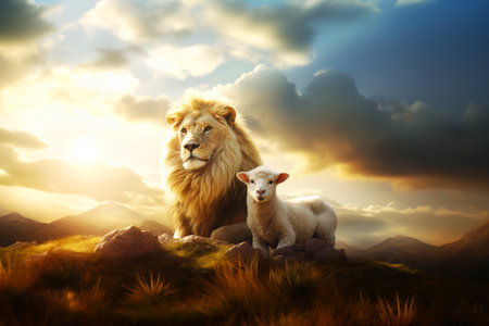 Jesus Christ: Lamb of Sacrifice, Lion of Triumph. The duality of Jesus. Lion and lamb in the meadow at sunset. Animal portrait.の素材