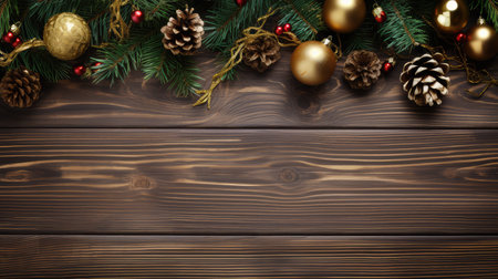 Christmas background with fir tree branches and golden baubles on wooden board. Ready for textの素材