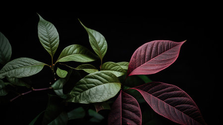 Close up of red and green leaves on black background with copy spaceの素材