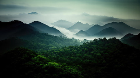 Beautiful view of misty forest in the morningの素材