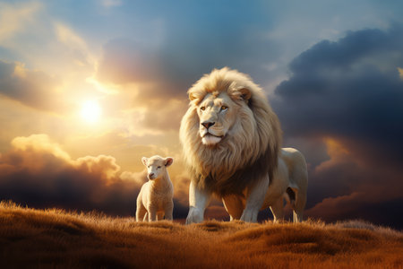 Jesus Christ: Lamb of Sacrifice, Lion of Triumph. The duality of Jesus. Lion and lamb lying in the meadow at sunset. Animal portrait.の素材