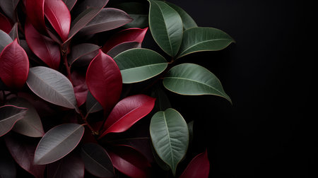Red and green leaves on black background. Copy space.の素材