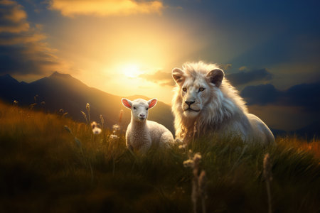 Jesus Christ: Lamb of Sacrifice, Lion of Triumph. The duality of Jesus. Lion and lamb in the meadow at sunset. Animal portrait.の素材