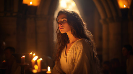 Biblical character. Portrait of woman with candles in the church.の素材