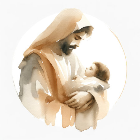 Watercolor illustration of Joseph with baby Jesus on a white background.の素材