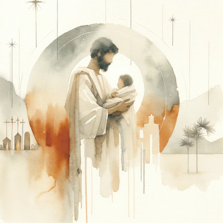 Watercolor illustration of Joseph with his baby Jesus on the background of Bethlehemの素材