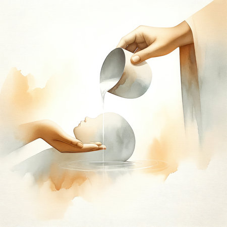 Baptism. Watercolor illustration of a hand pouring water on the head of a childの素材