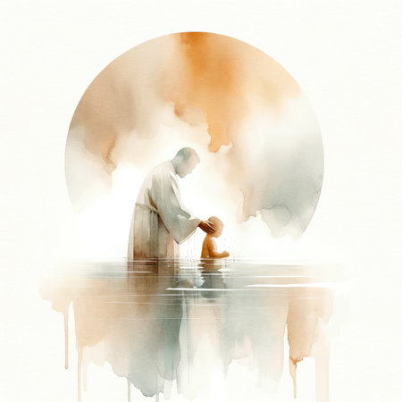 Baptism. Silhouette of a man baptizing a child in water. Watercolor illustrationの素材