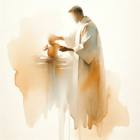 Baptism. Silhouette of a man baptizing a child in water. Watercolor illustrationの素材