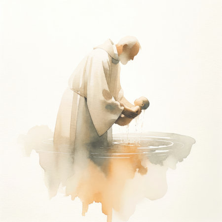 Baptism. Silhouette of a man baptizing a child in water. Watercolor illustrationの素材