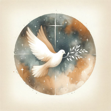 Illustration of a white dove with olive branch in the starry sky. Watercolor illustrationの素材
