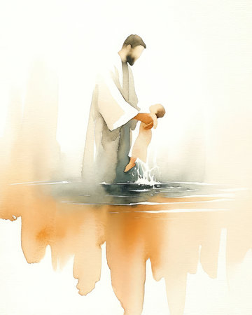 Baptism. Silhouette of a man baptizing a child in water. Watercolor illustrationの素材