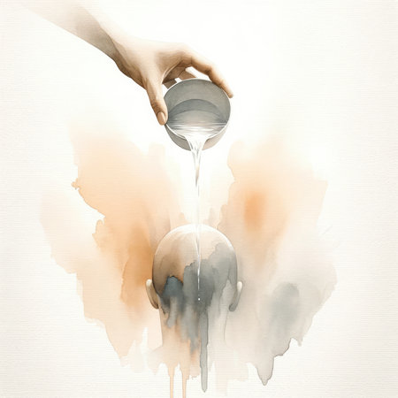 Baptism. Watercolor illustration of a hand pouring water on the head of a manの素材