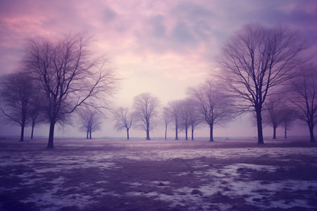 Beautiful winter landscape with trees in the fog. Vintage filter.の素材