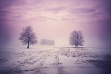 Winter landscape with trees in foggy misty field.の素材