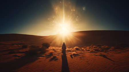 Man standing in the middle of the desert and looking at the Heavens in the sky. Bright light in dark sky.の素材