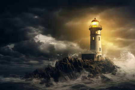 Guiding light. Lighthouse in the sea with stormy clouds.の素材