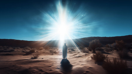 Man standing in the middle of the desert and looking at the Heavens in the sky. Bright light in dark sky.の素材